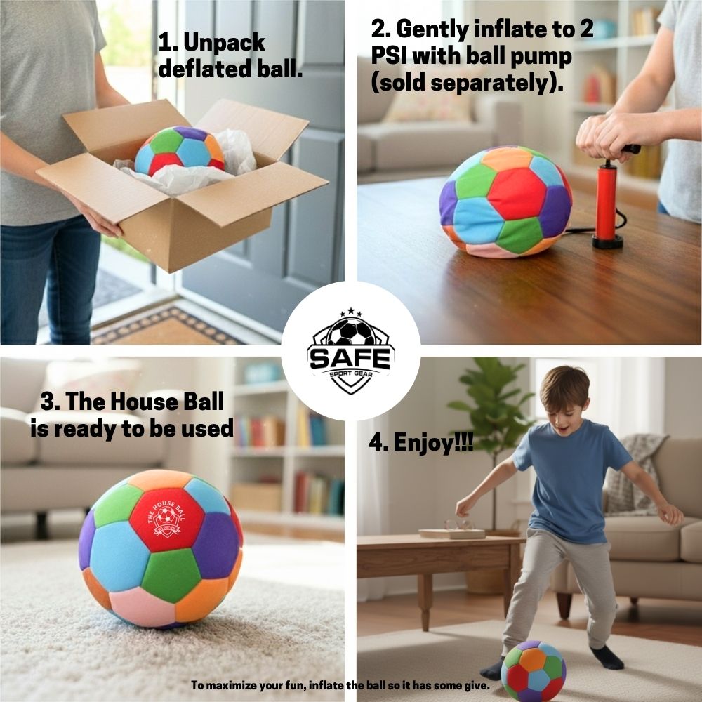 Step-by-step guide on how to unpack, inflate, and use a colorful inflatable ball in a living room setting.