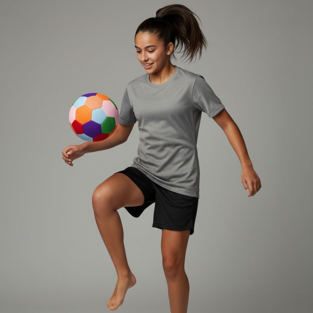 Woman in athletic wear kicking a colorful ball against a gray background