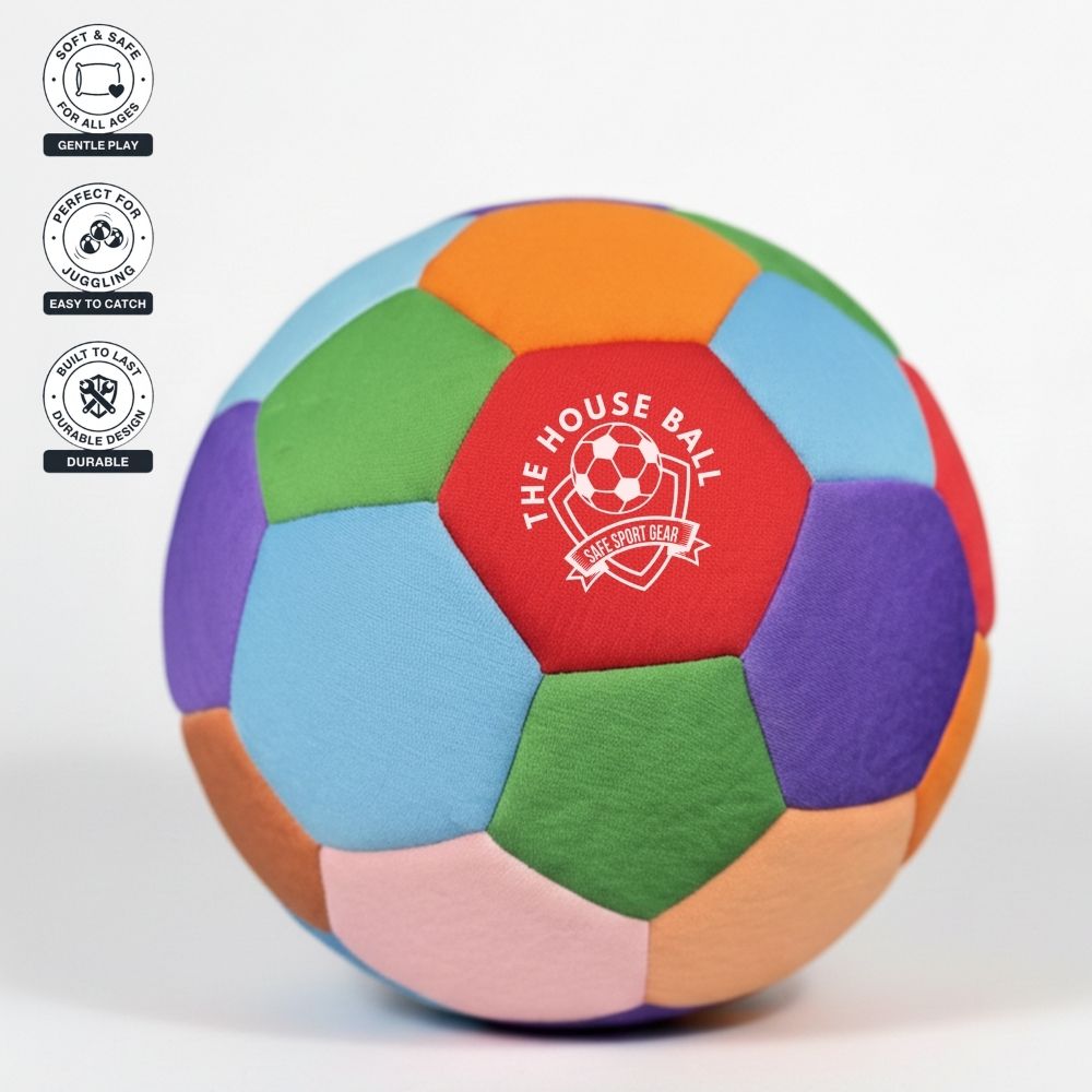 Colorful hexagonal ball with 'The House Ball' logo on a white background