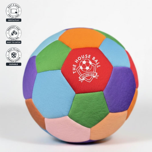 Colorful hexagonal ball with 'The House Ball' logo on a white background
