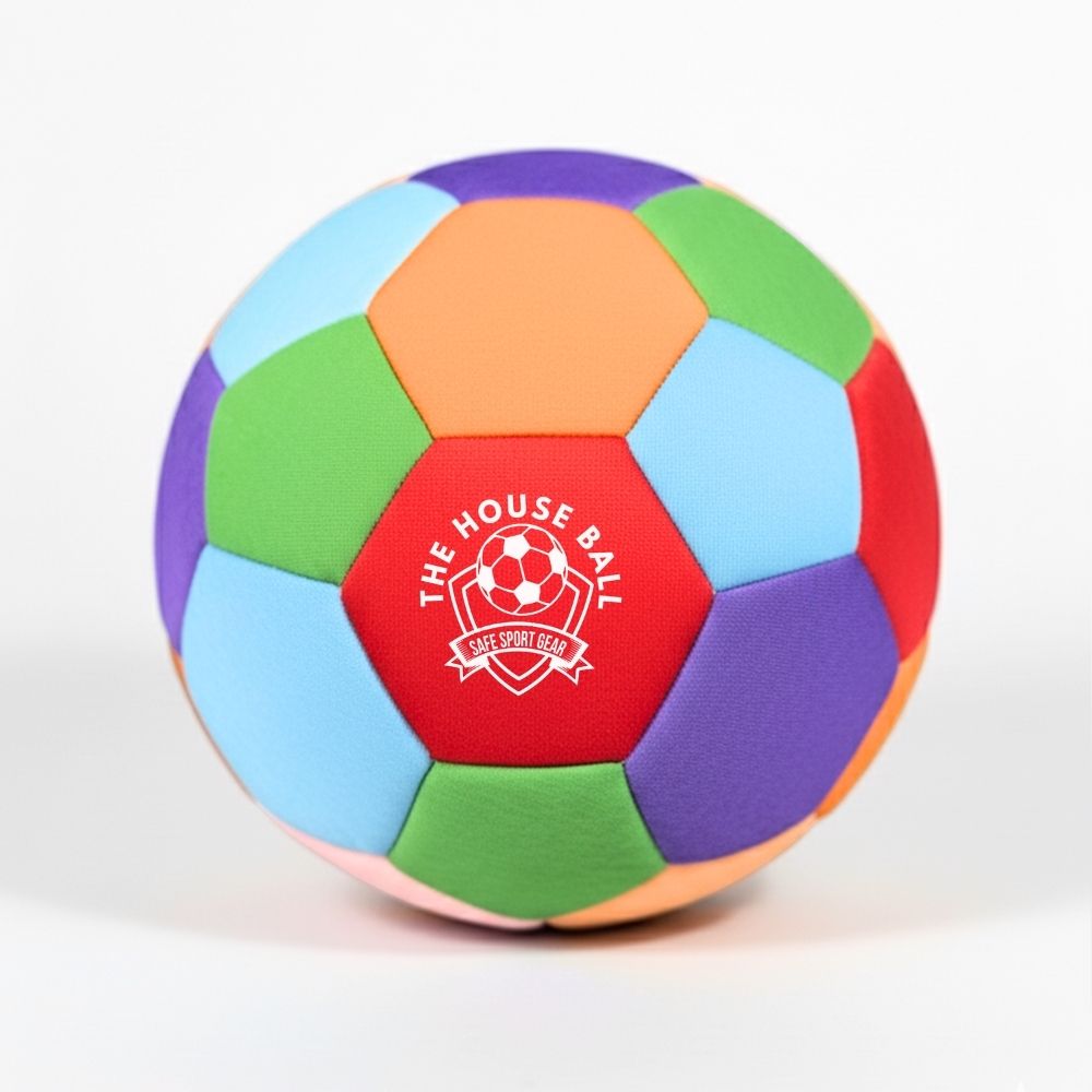 Colorful hexagonal ball with 'The House Ball' logo on a white background