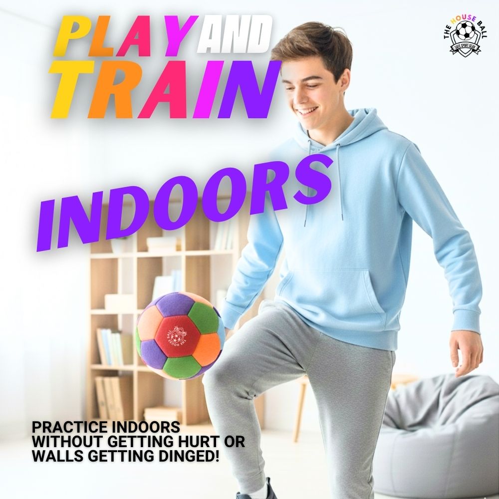 Person holding a colorful ball with text promoting indoor play and training.