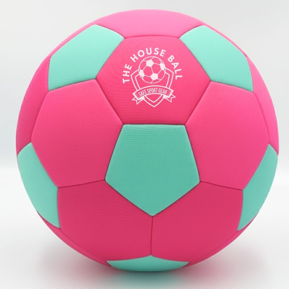 Pink and green soccer ball with 'The House Ball' logo on a white background
