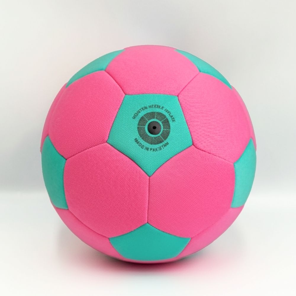 Pink and green soccer ball on a white background