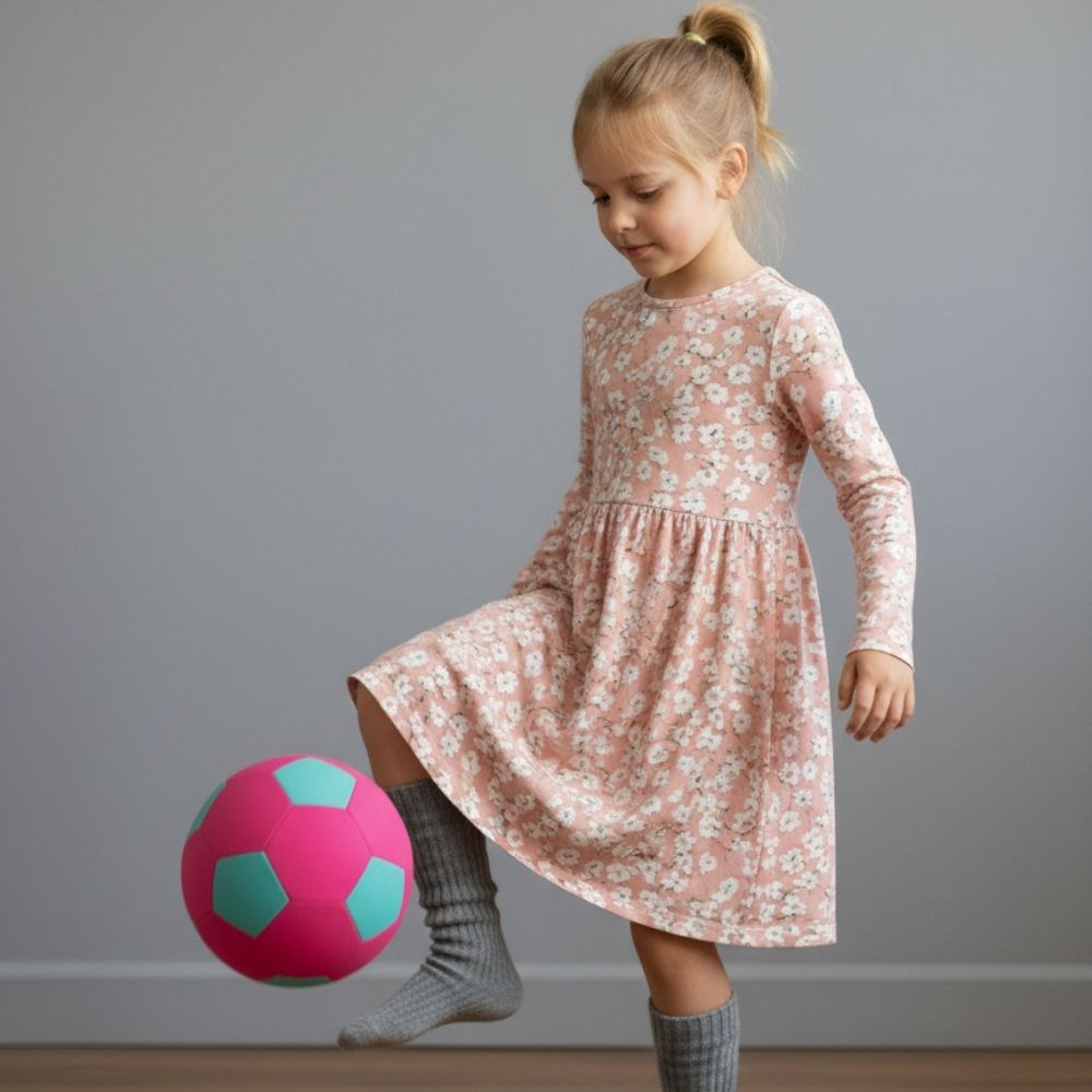 Young girl in a floral dress playing with a pink and green ball against a plain background