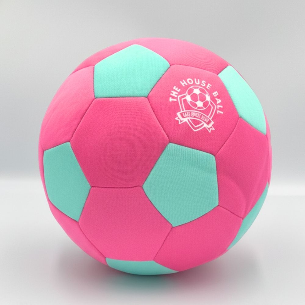 Pink and green soccer ball with a logo on a light gray background