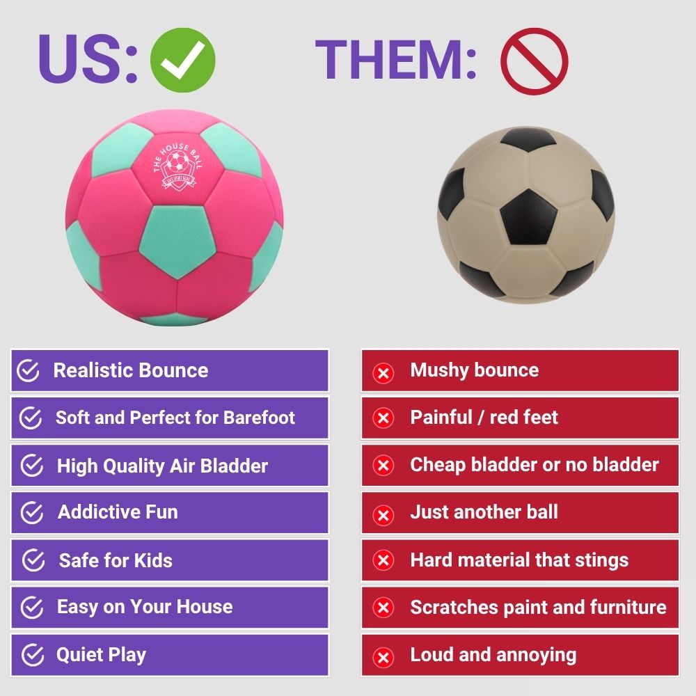 Comparison chart between a pink and green ball labeled 'US:' and a soccer ball labeled 'THEM:' with pros and cons listed.