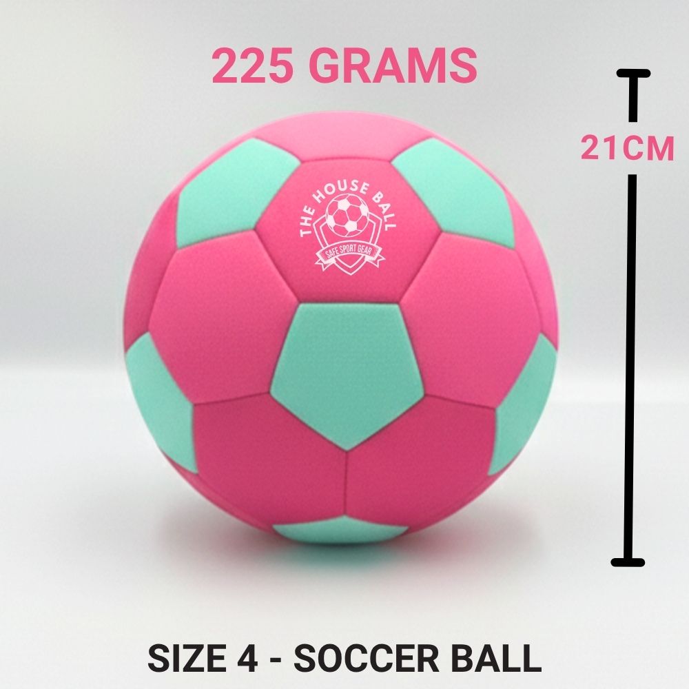 Pink and green soccer ball with weight and size measurements on a white background