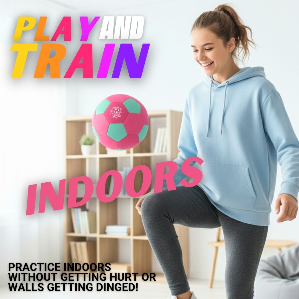 Woman playing with a pink and green ball indoors, with text promoting indoor play and training.