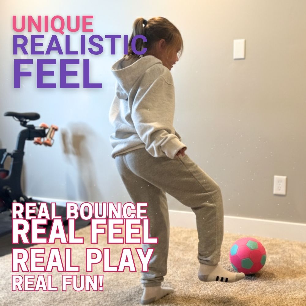 Child playing with a ball in a room with text about realistic play experience.