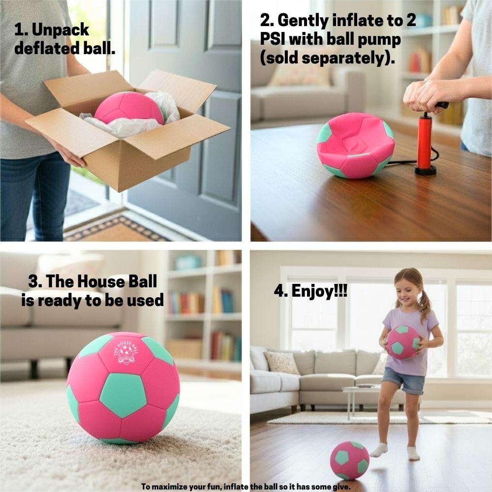 Step-by-step guide on how to inflate and use a pink and green inflatable ball.