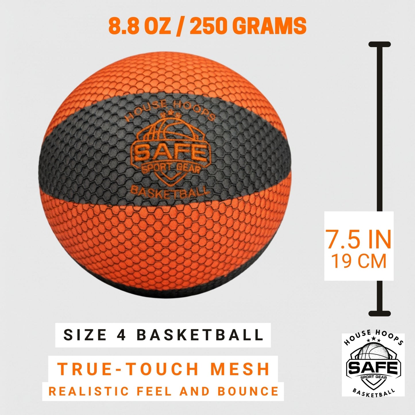 Size 4 basketball with safe sports brand logo on a light gray background