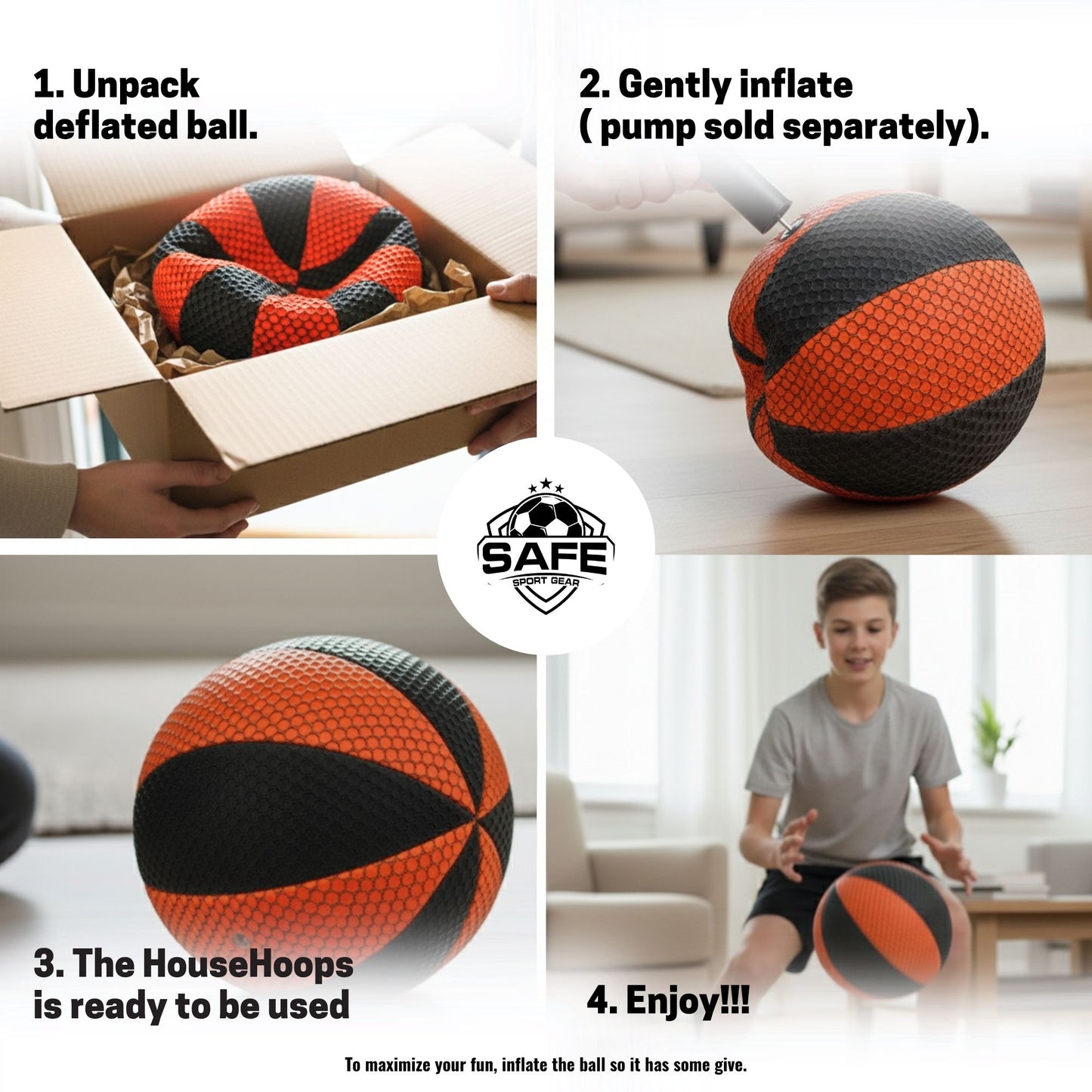 Step-by-step guide to inflating and using a deflated ball, with Safe Sport Gear logo in the center.
