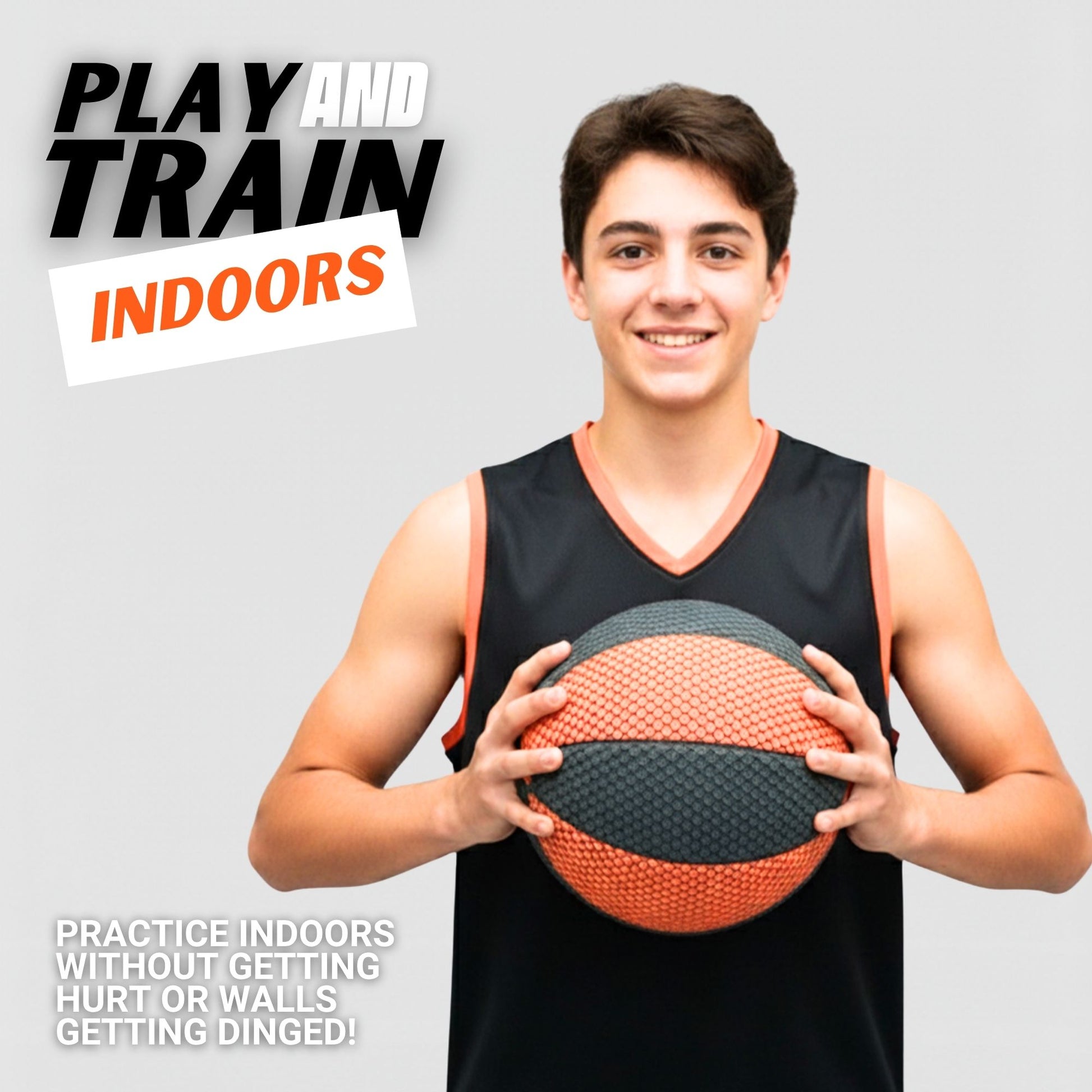 Person holding a basketball with promotional text about indoor practice.