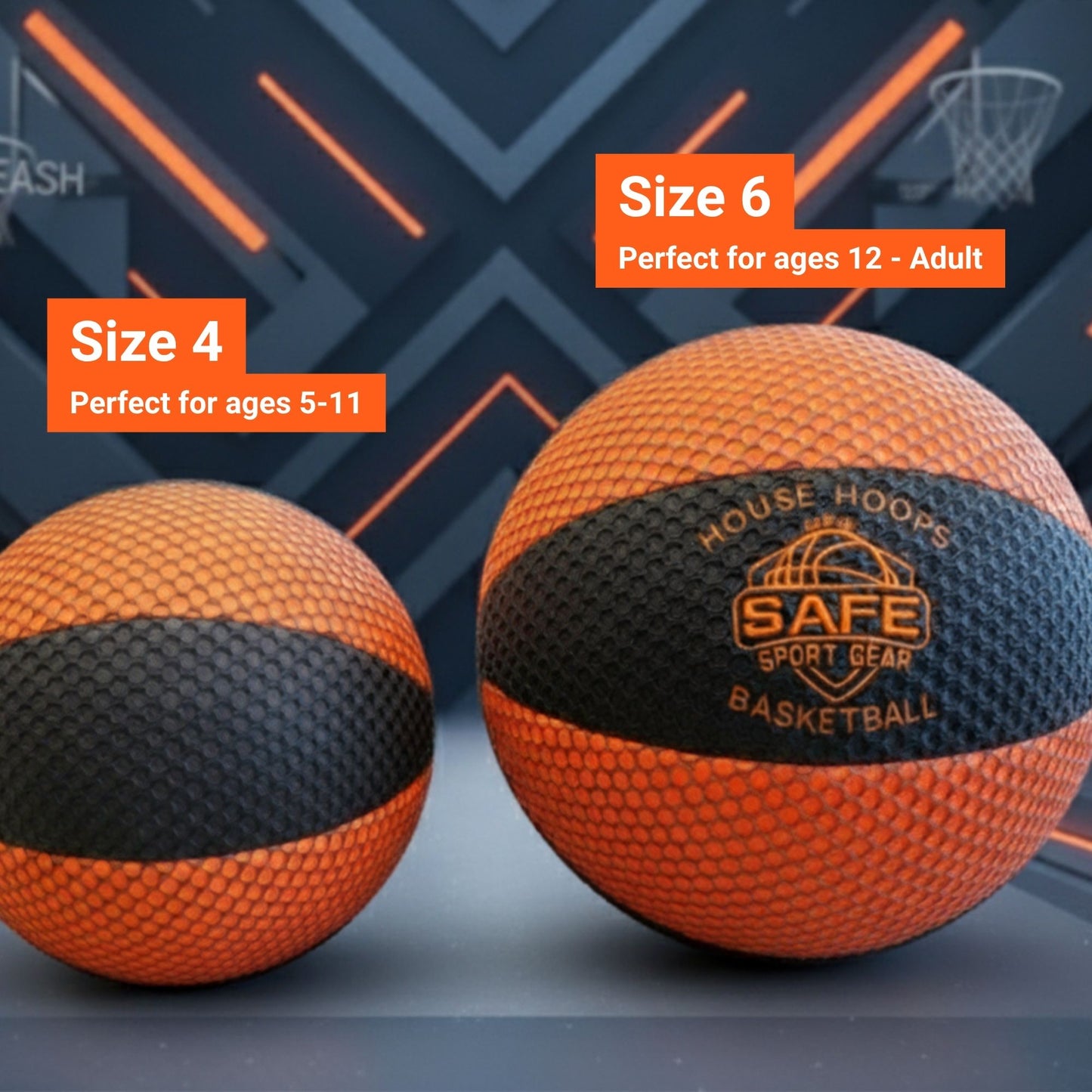 Two basketballs, one size 4 and one size 6, with branding and age recommendations on a dark background.