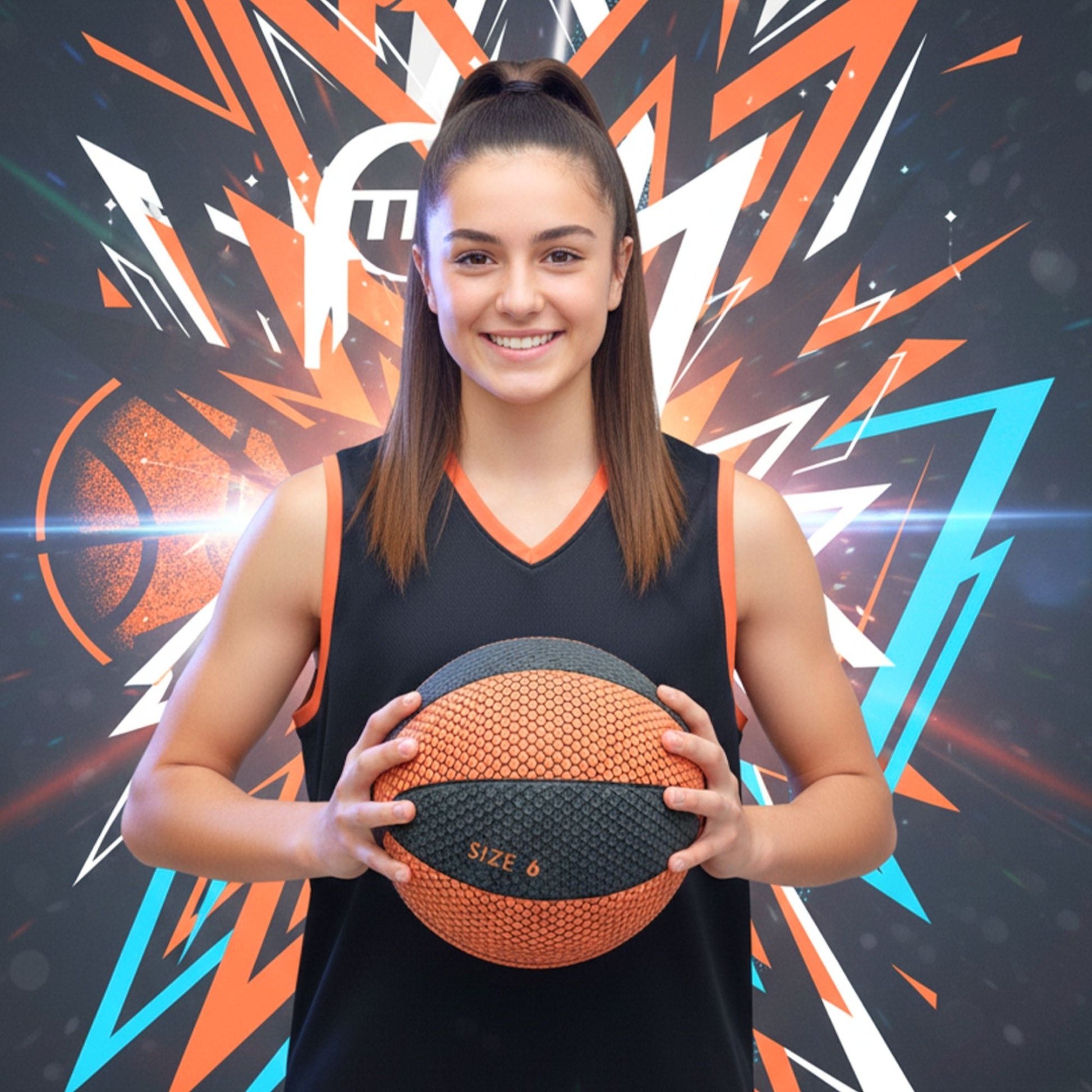 Woman holding a basketball against a colorful abstract background