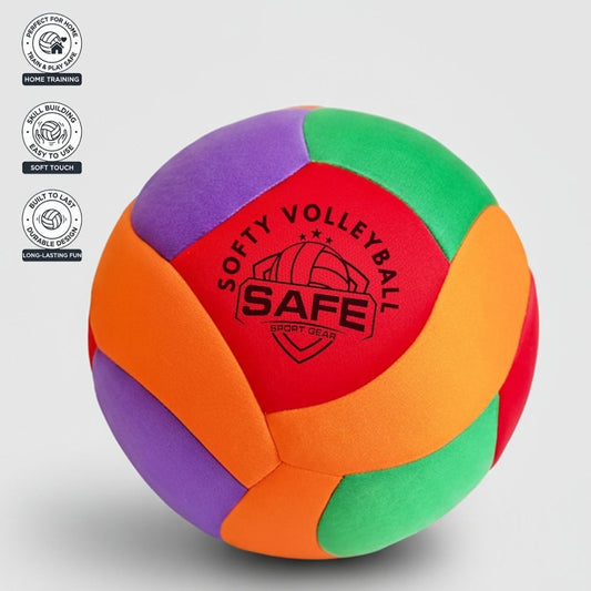 Colorful soft volleyball with 'SAFE' branding on a light gray background