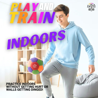 Person holding a colorful ball with text promoting indoor play and training.