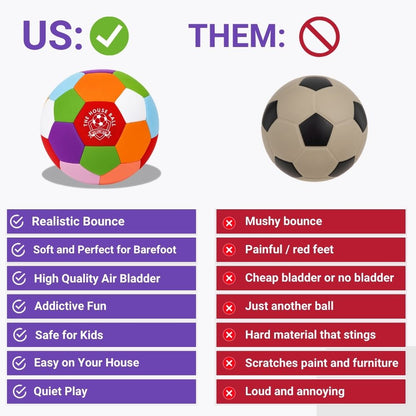 Comparison chart between a colorful ball and a soccer ball with pros and cons listed.