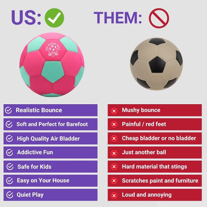 Comparison chart between a pink and green ball labeled 'US:' and a soccer ball labeled 'THEM:' with pros and cons listed.
