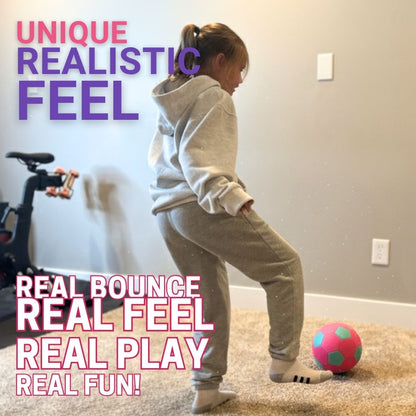 Child playing with a ball in a room with text about realistic play experience.