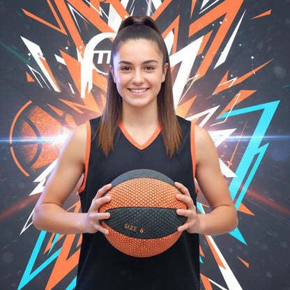 Woman holding a basketball against a colorful abstract background