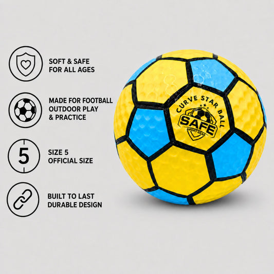 Yellow and blue soccer ball with safety features on a gray background