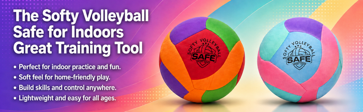 Two colorful Softy Volleyball Safe indoor training balls on a vibrant pink, purple, and blue gradient background with promotional text.