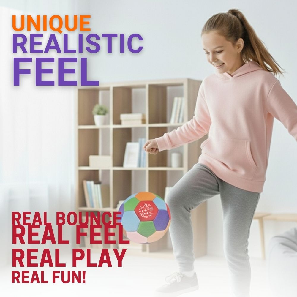 Child playing with a colorful House Ball in a room with shelves in the background