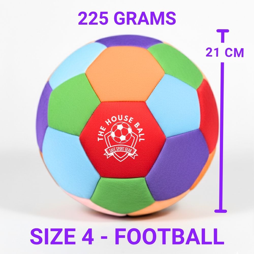 Colorful football with 'The House Ball' logo, weight, and size measurements on a white background