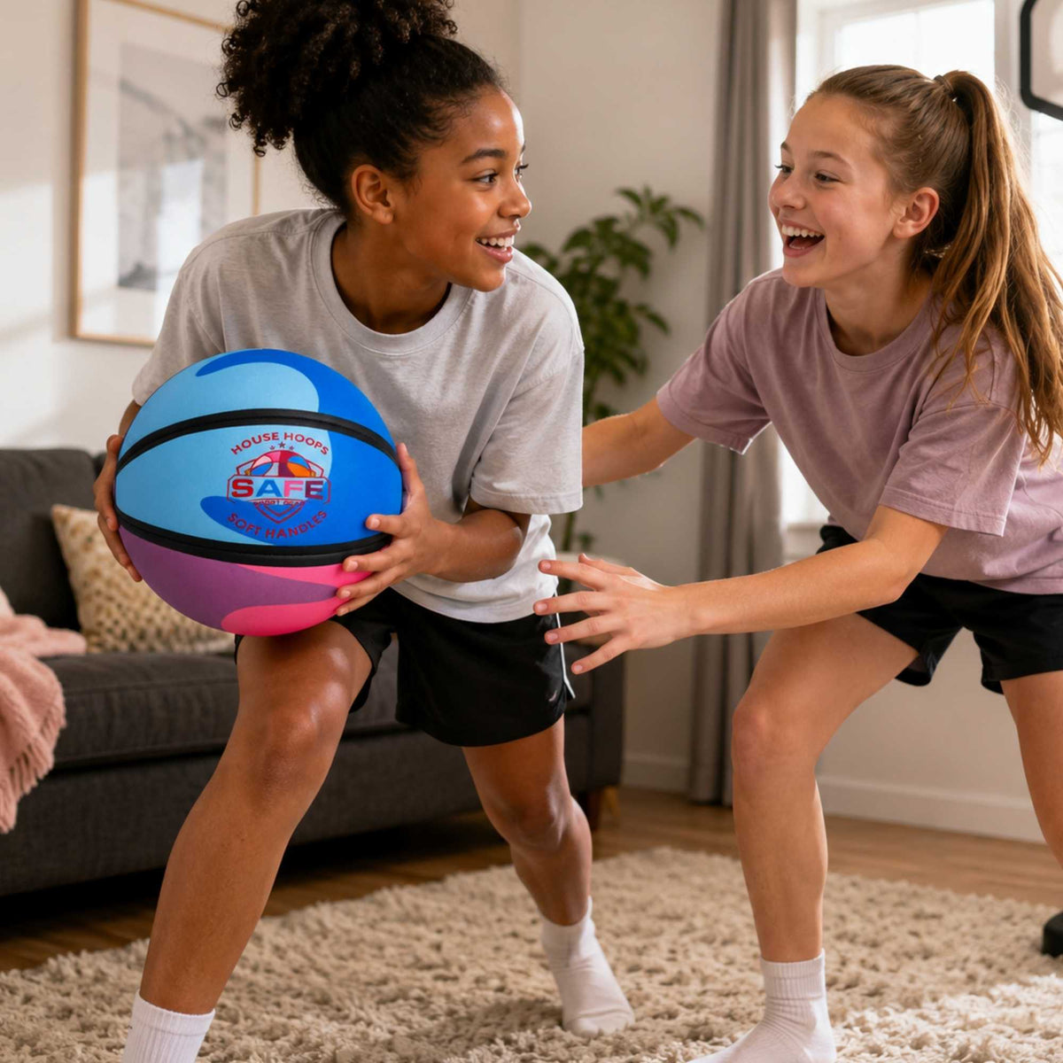 Two young girls playing with a colorful HouseHoops basketball - SH in a living room.
