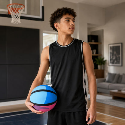Person holding a colorful HouseHoops basketball - SH in a living room with a basketball hoop.