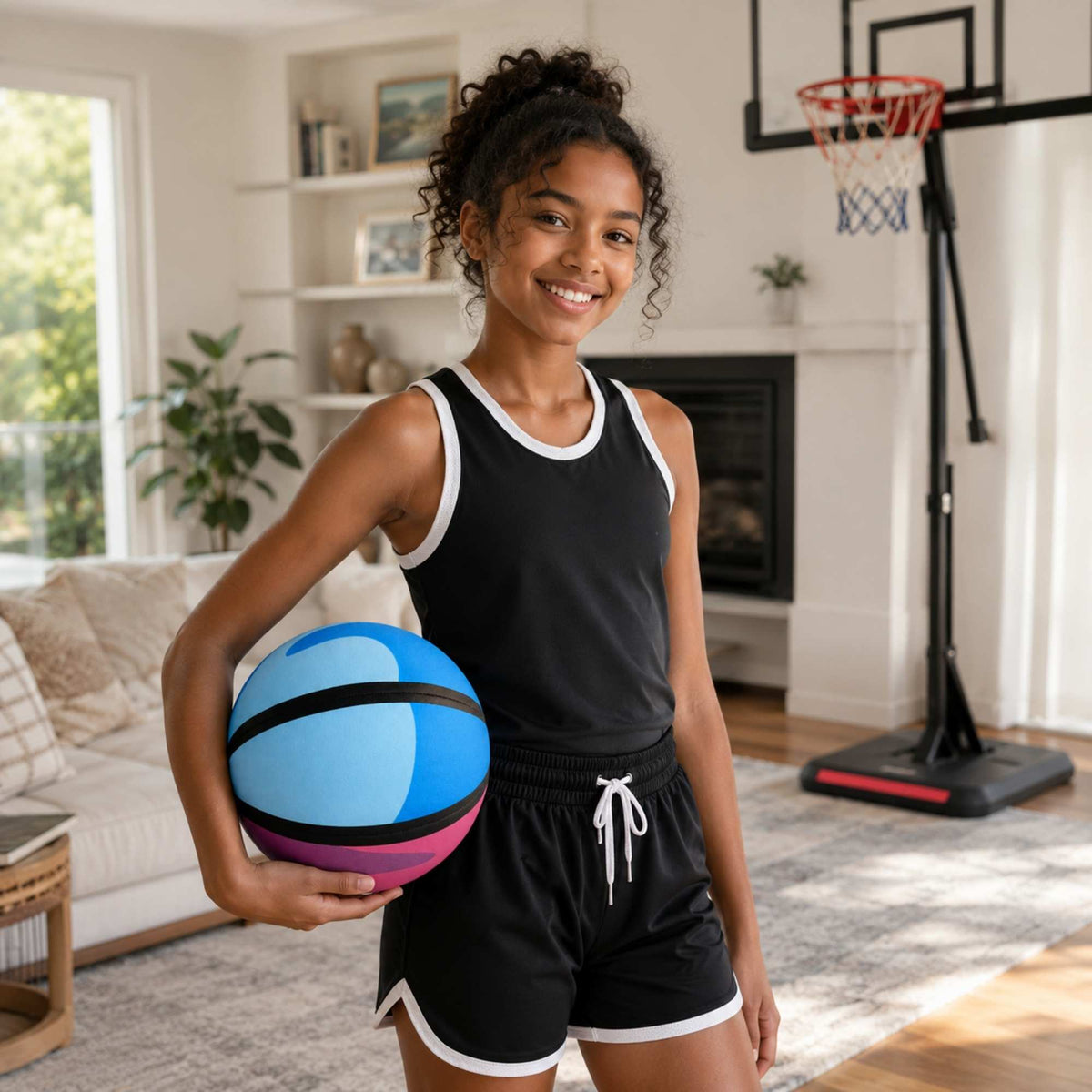 Young girl holding a colorful HouseHoops basketball - SH in a living room with a basketball hoop.