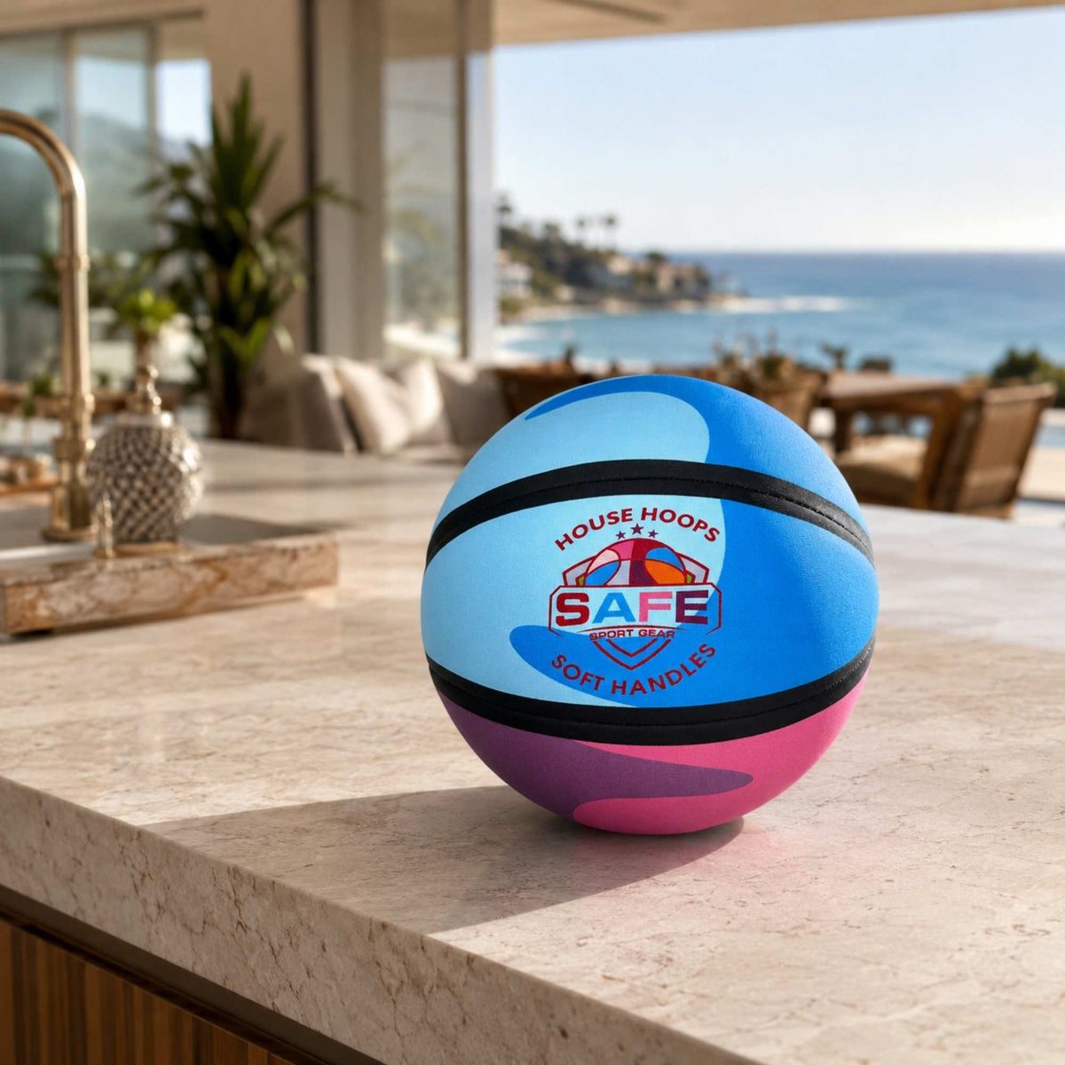 HouseHoops basketball - SH with Safe Sport Gear label on a countertop with a scenic background