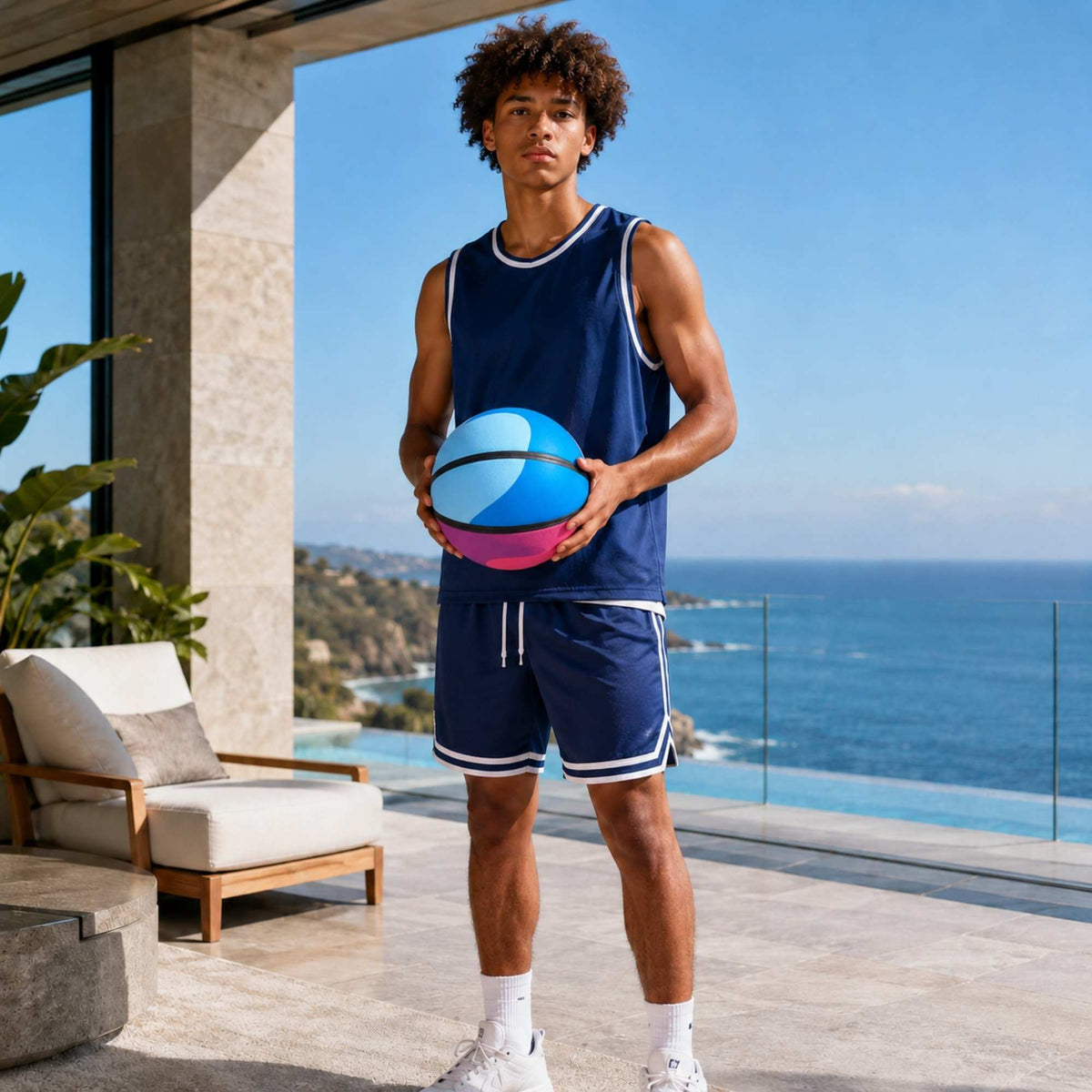 Person holding a HouseHoops basketball - SH in an outdoor setting with ocean view