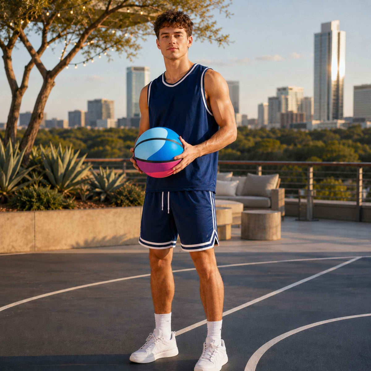 Man holding a HouseHoops basketball - SH on an outdoor court with city skyline in the background