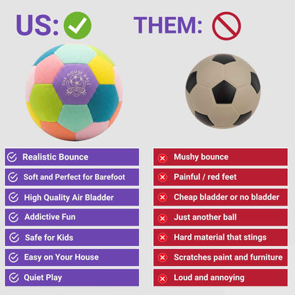 Comparison chart between a House Ball - EE and a traditional football with pros and cons listed.
