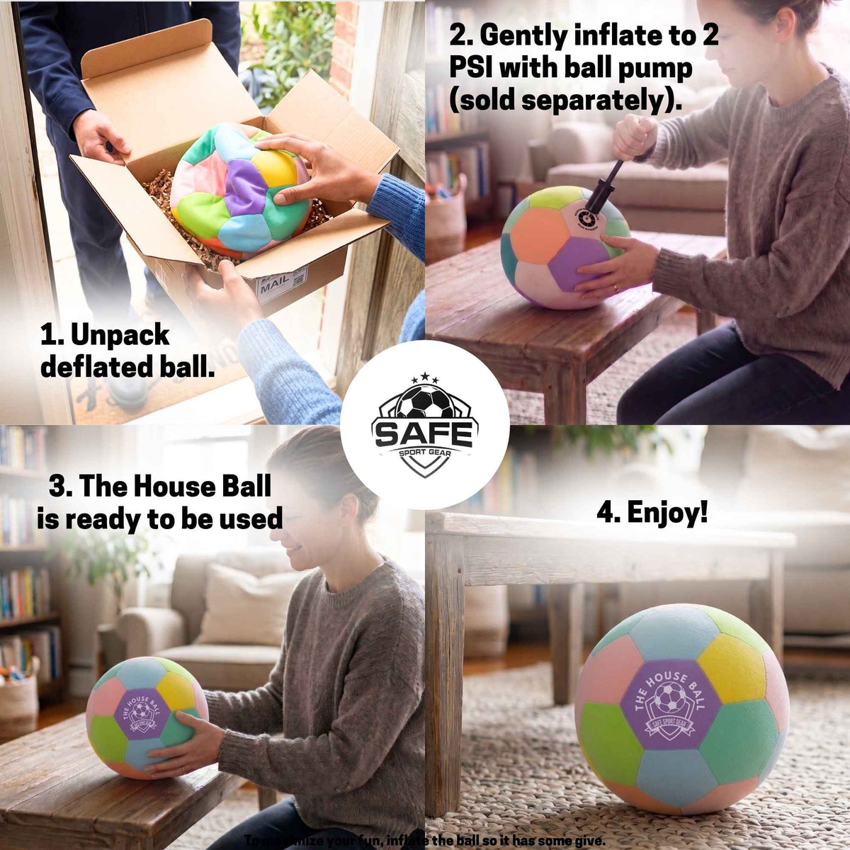 Step-by-step guide on how to inflate and use a House Ball - EE with a visible Safe Sport Gear brand logo.