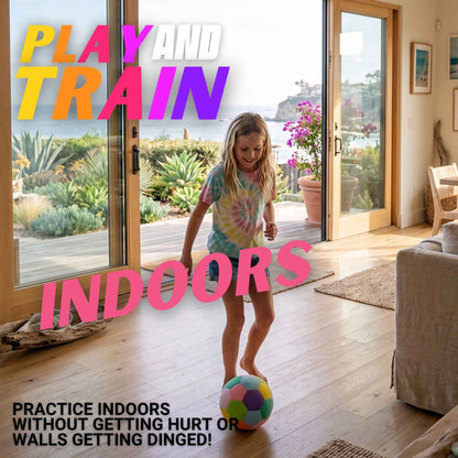 Child playing with a House Ball - EE in a living room with text overlay about indoor play and training.