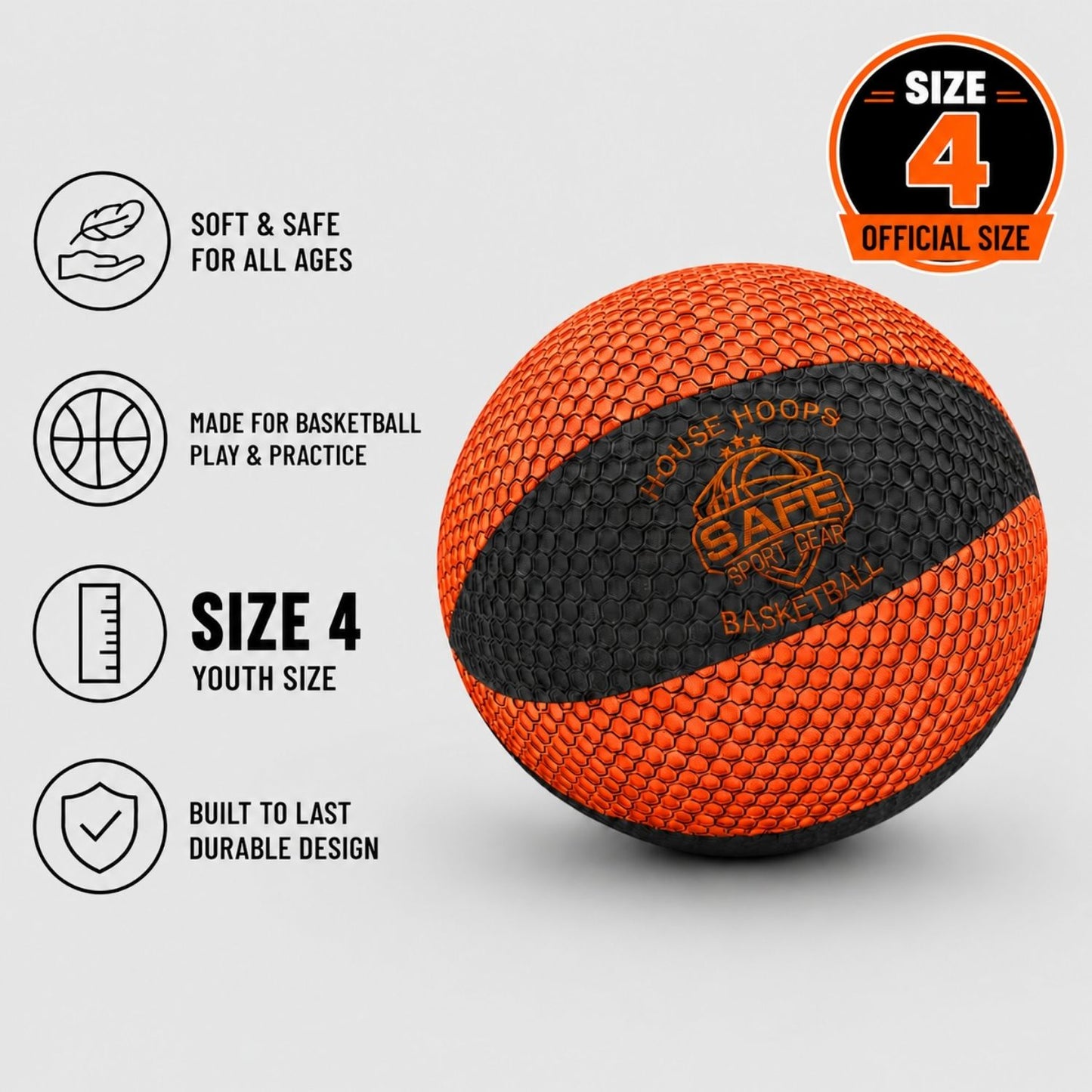 Househoops indoor basketball with safety features and size information on a white background