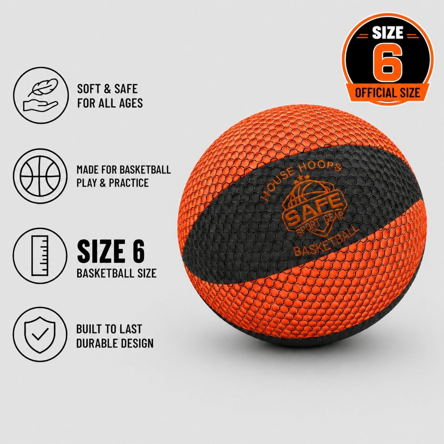 HouseHoops indoor basketball with safety features and size 6 label on a gray background