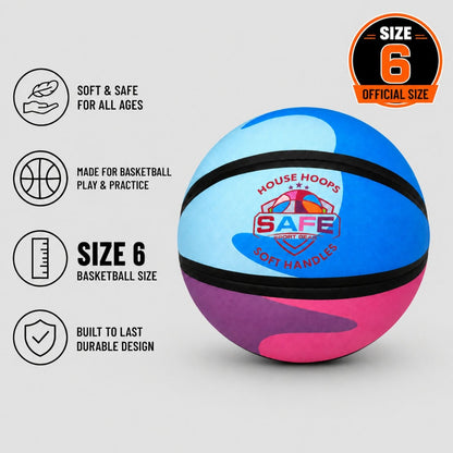 Househoops - SH indoor basketball with 'Safe Sport Gear' logo and descriptions on a light gray background
