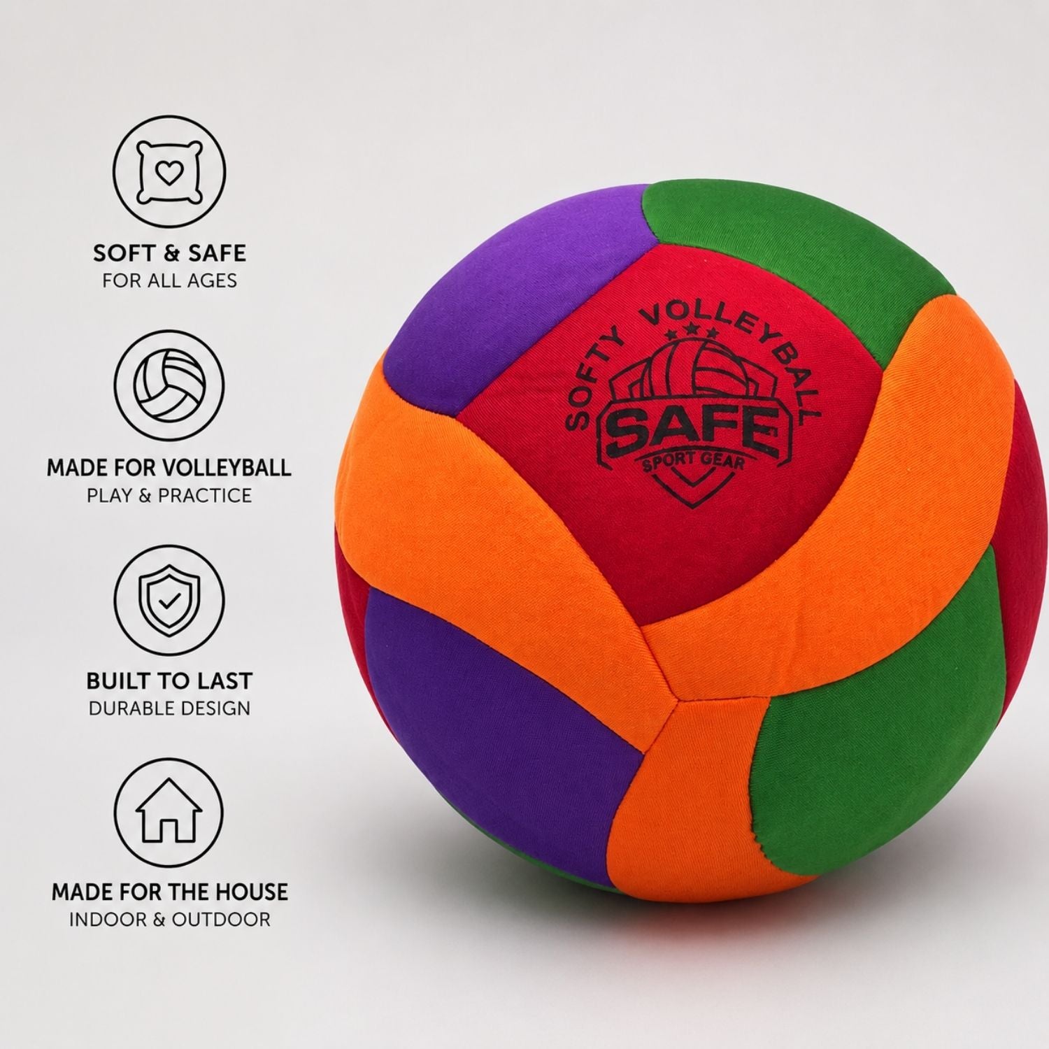 Softy Volleyball with Safe Sport Gear logo and descriptions on a light gray background
