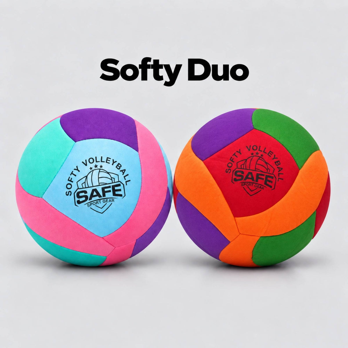 Two colorful Softy volleyballs with Safe Sport gear logo on a light gray background, with the text 'Softy Duo' above them. One ball is pink, purple, and teal, the other is red, orange, green, and purple.