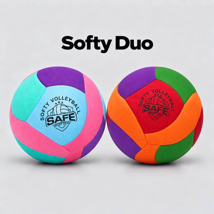 Two colorful Softy volleyballs with Safe Sport gear logo on a light gray background, with the text 'Softy Duo' above them. One ball is pink, purple, and teal, the other is red, orange, green, and purple.