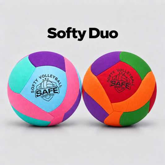 Two colorful Softy volleyballs with Safe Sport gear logo on a light gray background, with the text 'Softy Duo' above them. One ball is pink, purple, and teal, the other is red, orange, green, and purple.