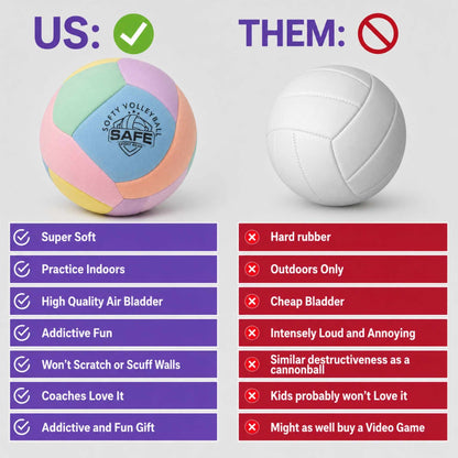 Comparison chart between a Softy Volleyball - Pink and a traditional volleyball with features listed on a white background.