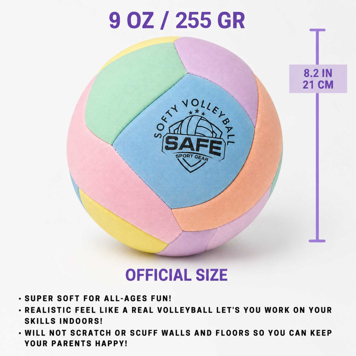 A pastel-colored Softy Volleyball - Pink with visible panels in pink, blue, yellow, green, and peach, shown on a white background with size text and a purple measurement indicator. The ball has a visible Safe Sport Gear logo on the front.